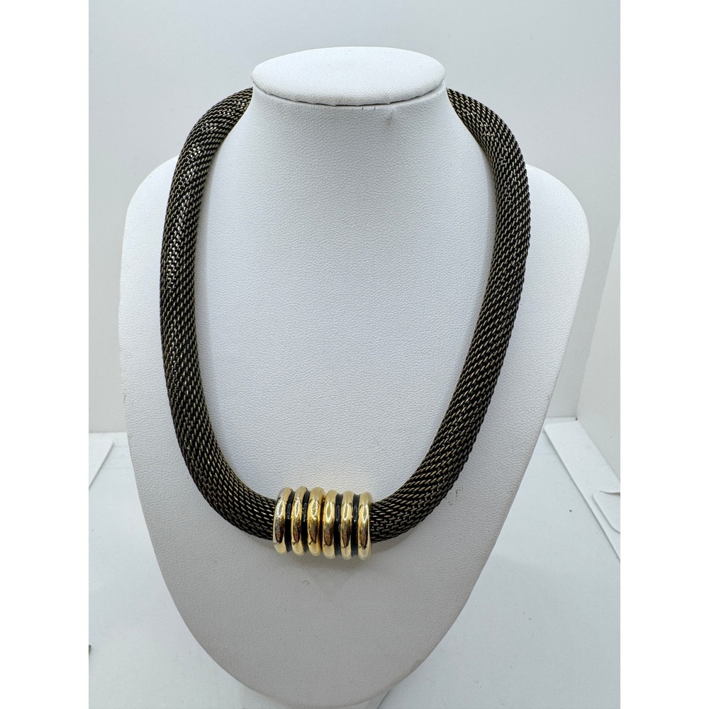 Vintage Bronze Mesh Collar Necklace Gold Ribbed Magnetic Clasp Statement